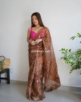 Mahi Brown Cut & Pearls Work Pure Organza